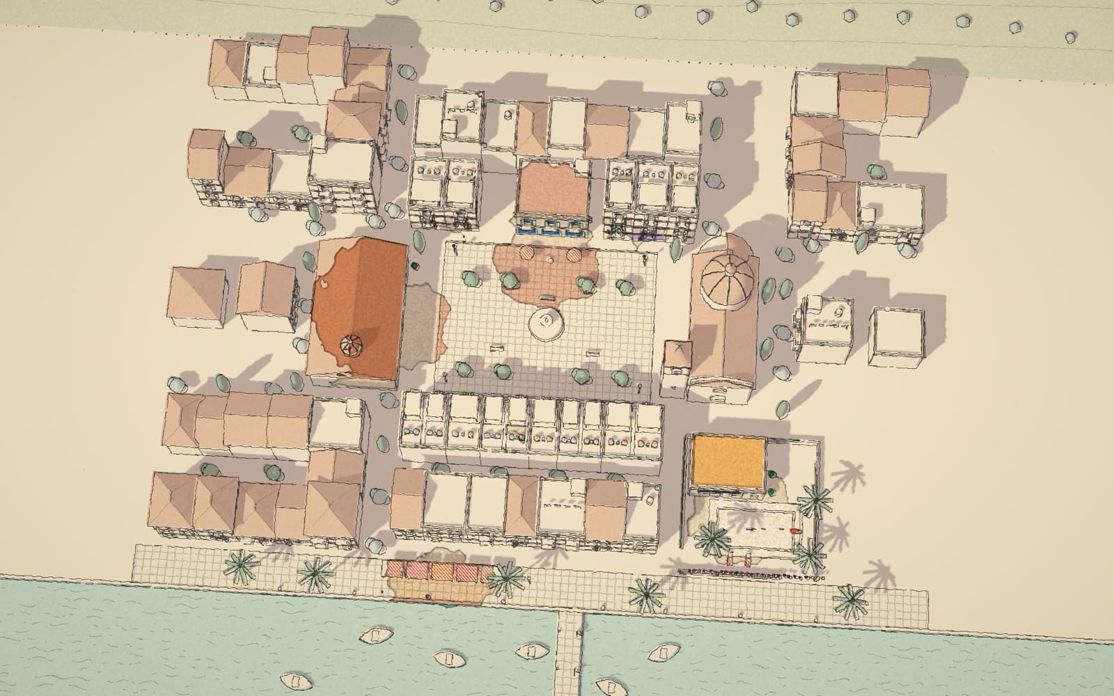 Silviero World — a Mediterranean town drawn in ink, with colour only on the homes where people live